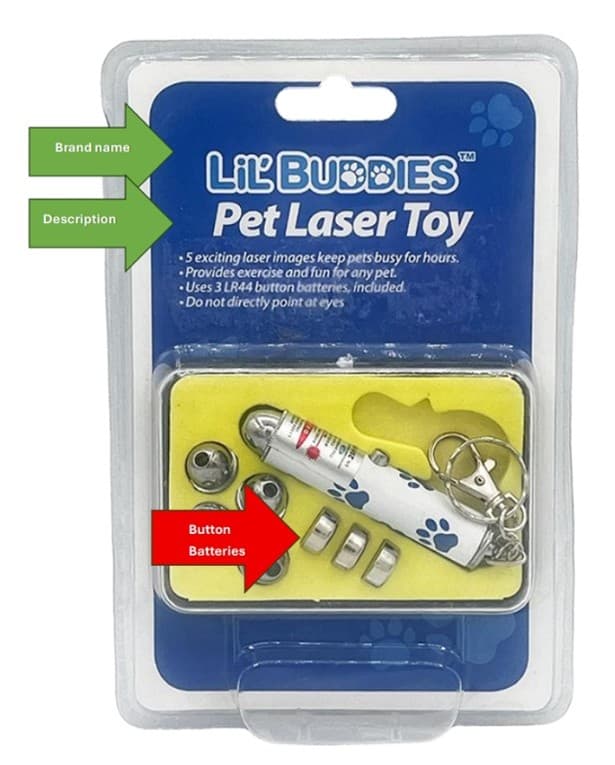 Recalled Lil' Buddies Pet Laser Toy: The recalled pet toys violate the mandatory standard for consumer products with button…